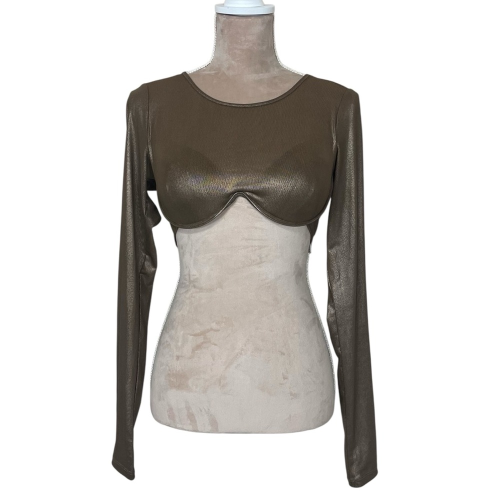 EUC Good American Metallic Bronze Mesh Underwire Crop Top in Mocha Foil (K-1) - Picture 3 of 13